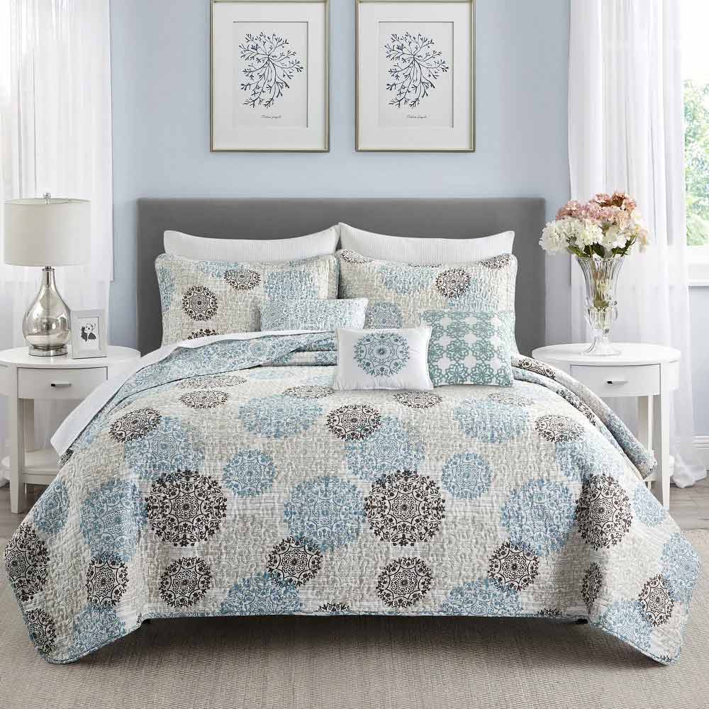 Floral light blue and brown summer bedding set | this luxurious quilt set includes coverlet, shams, and pillows; available in Queen, King and California King sizes 