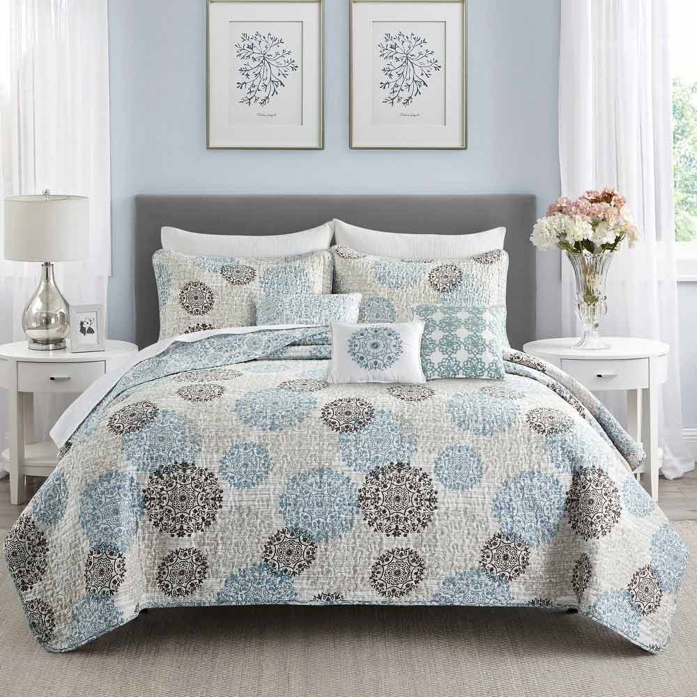 Floral light blue and brown summer bedding set | this luxurious quilt set includes coverlet, shams, and pillows; available in Queen, King and California King sizes