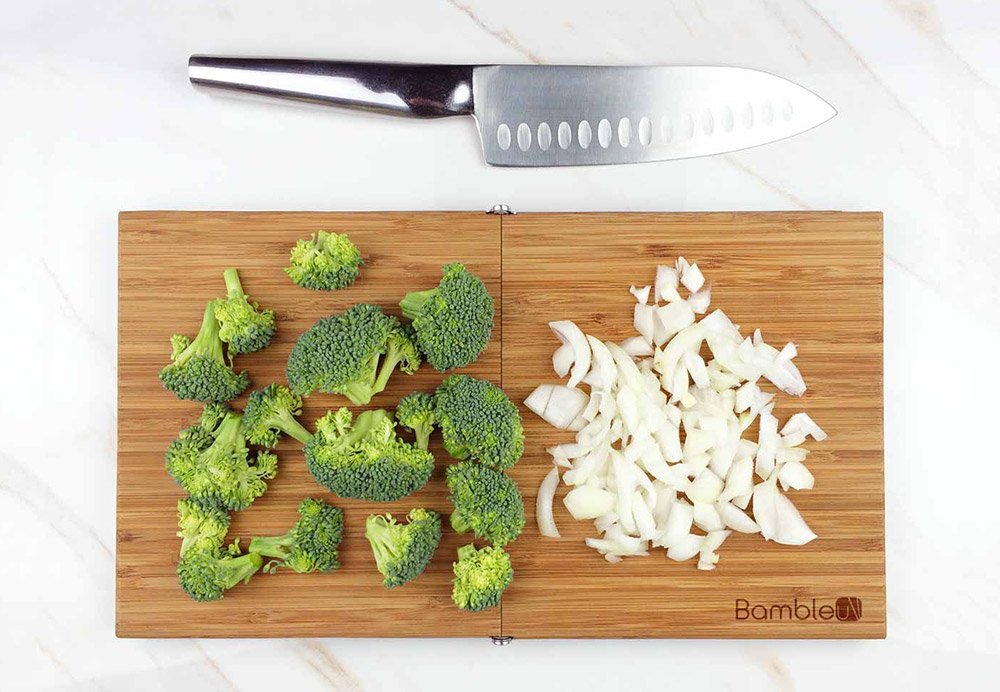 Bambleu 4-in-1 bamboo folding cutting board saves storage space in small kitchens