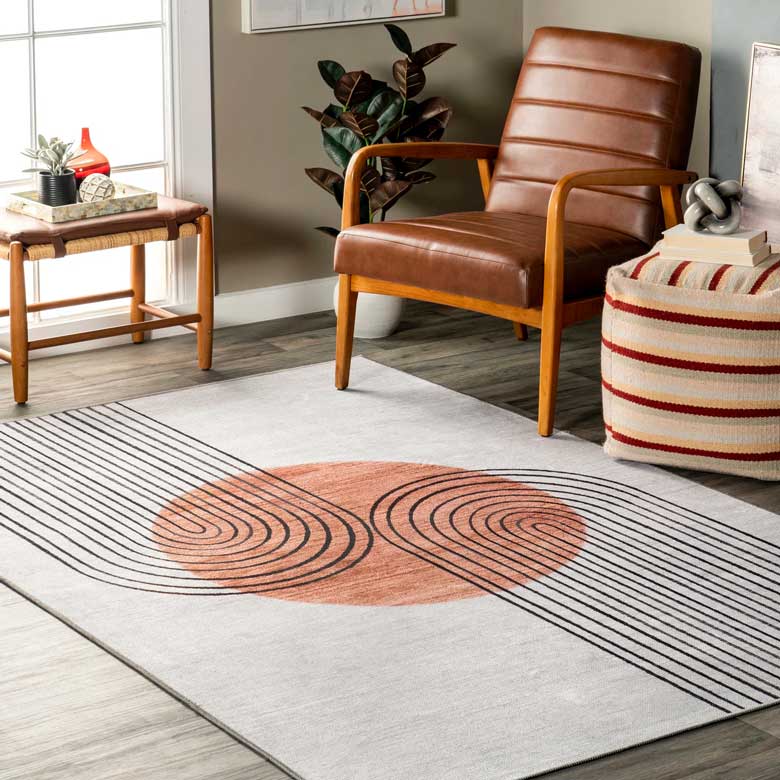 Modern abstract geometric washable area rug for sale - available in rectangle, round, runner and round sizes  
