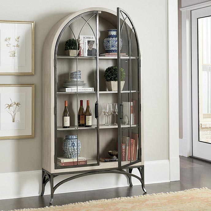 Glass door arched cabinet with three shelves, ideal for narrow spaces and small dining rooms