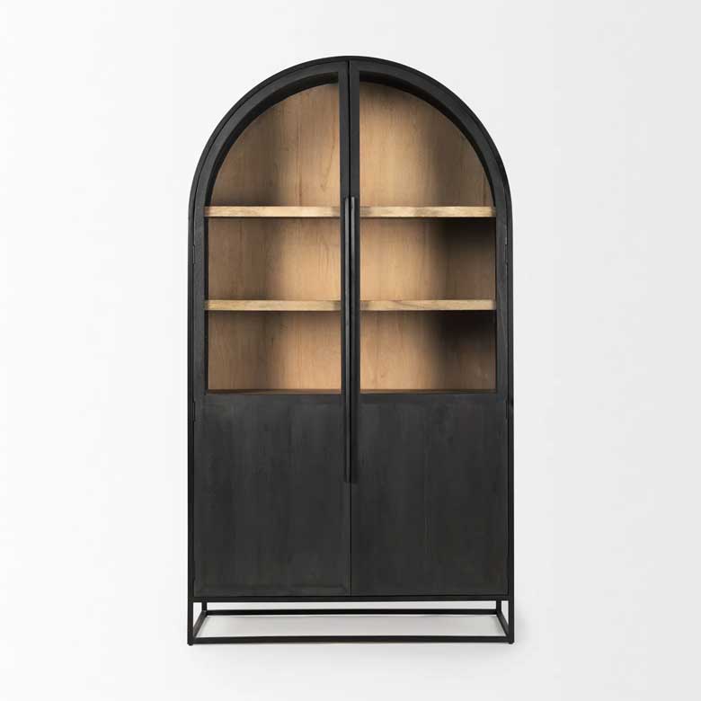 Black dining cabinet with iron base with four removable shelves