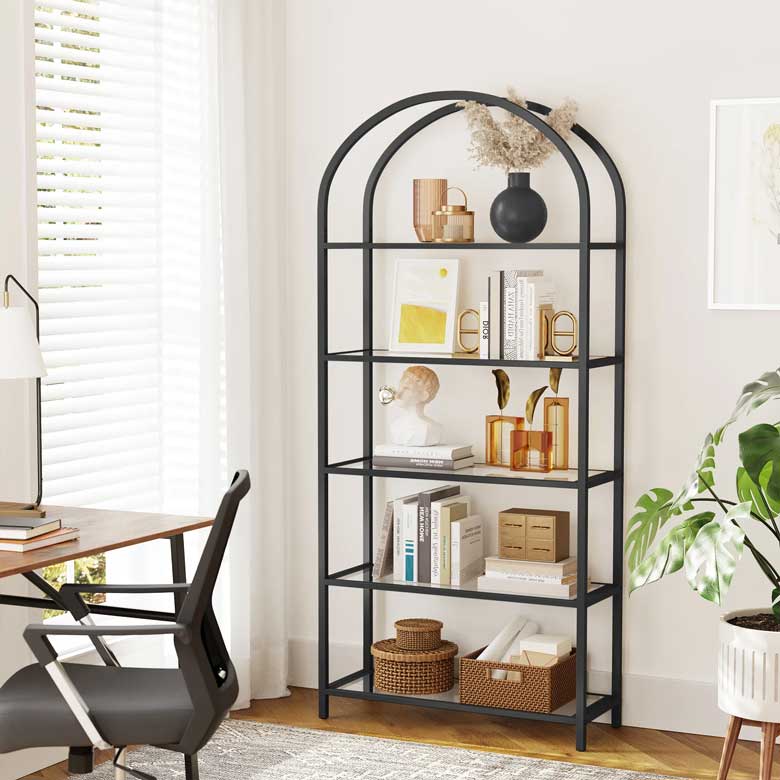 Arched etagere bookcase | Black arched bookshelf for sale