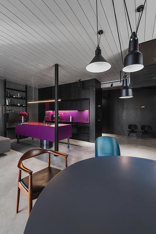 Dark interior with pops of color