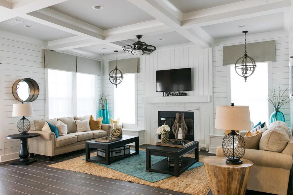 Beach Style Living Room Inspiration With Vertical Shiplap Fireplace