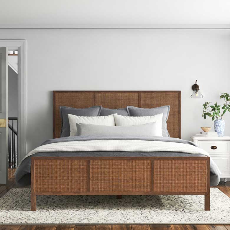 Kiln-dried solid mango wood frame frame and brown cane paneled headboard for a timeless bedroom look. This beautiful brown cane rattan bed is perfect for a bedroom with boho decor