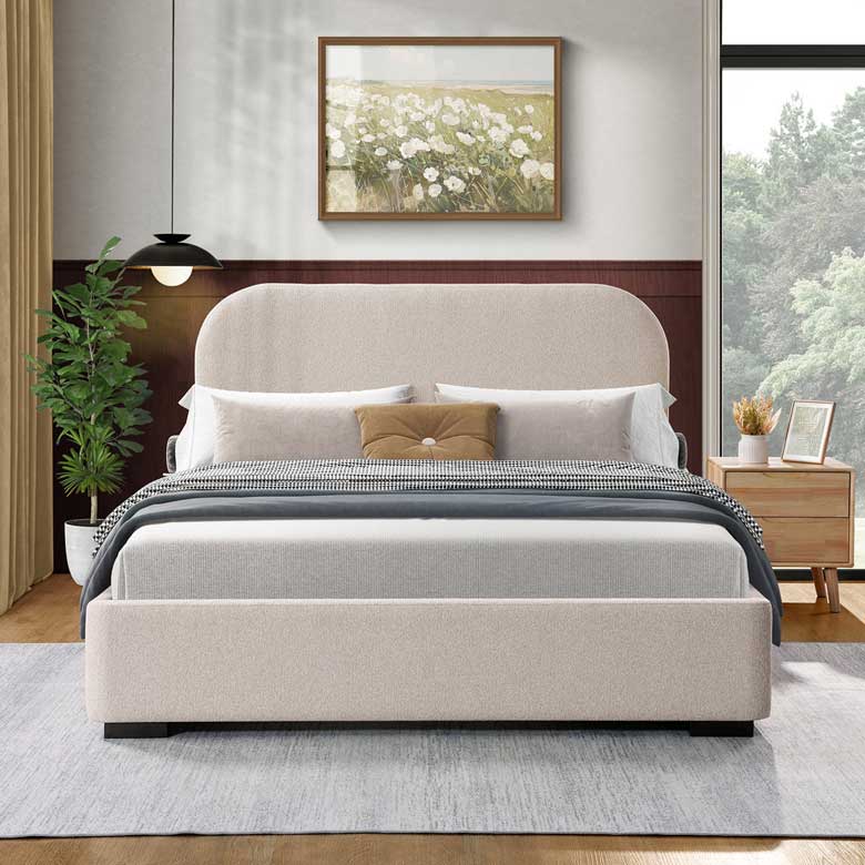 Modern Beige Boucle Platform Bed You Can Buy for a Modern Bedroom