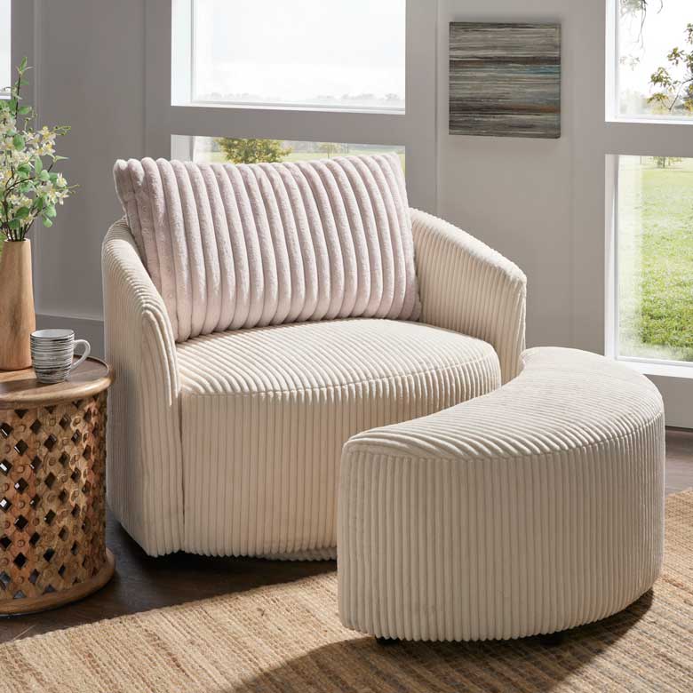 Beige Oversized Corduroy Swivel Accent Chair With Channel Pillow And Ottoman