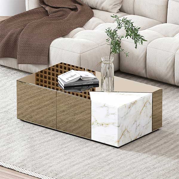 Benley 39.4''L Modern Glass Coffee Table - low-profile silhouette and high-gloss mirrored glass coffee table
