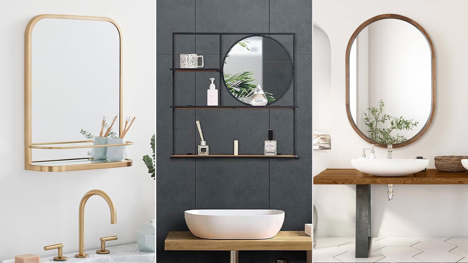 Modern Industrial Steel Metal Double-Framed Bathroom Mirror with a Shelf