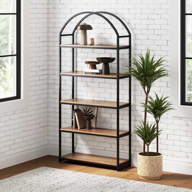 Black arched bookshelf with 5 wooden shelves