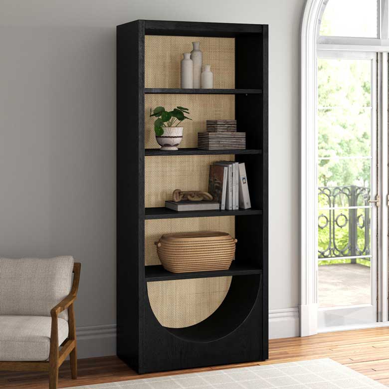 Black bookshelf with cane back