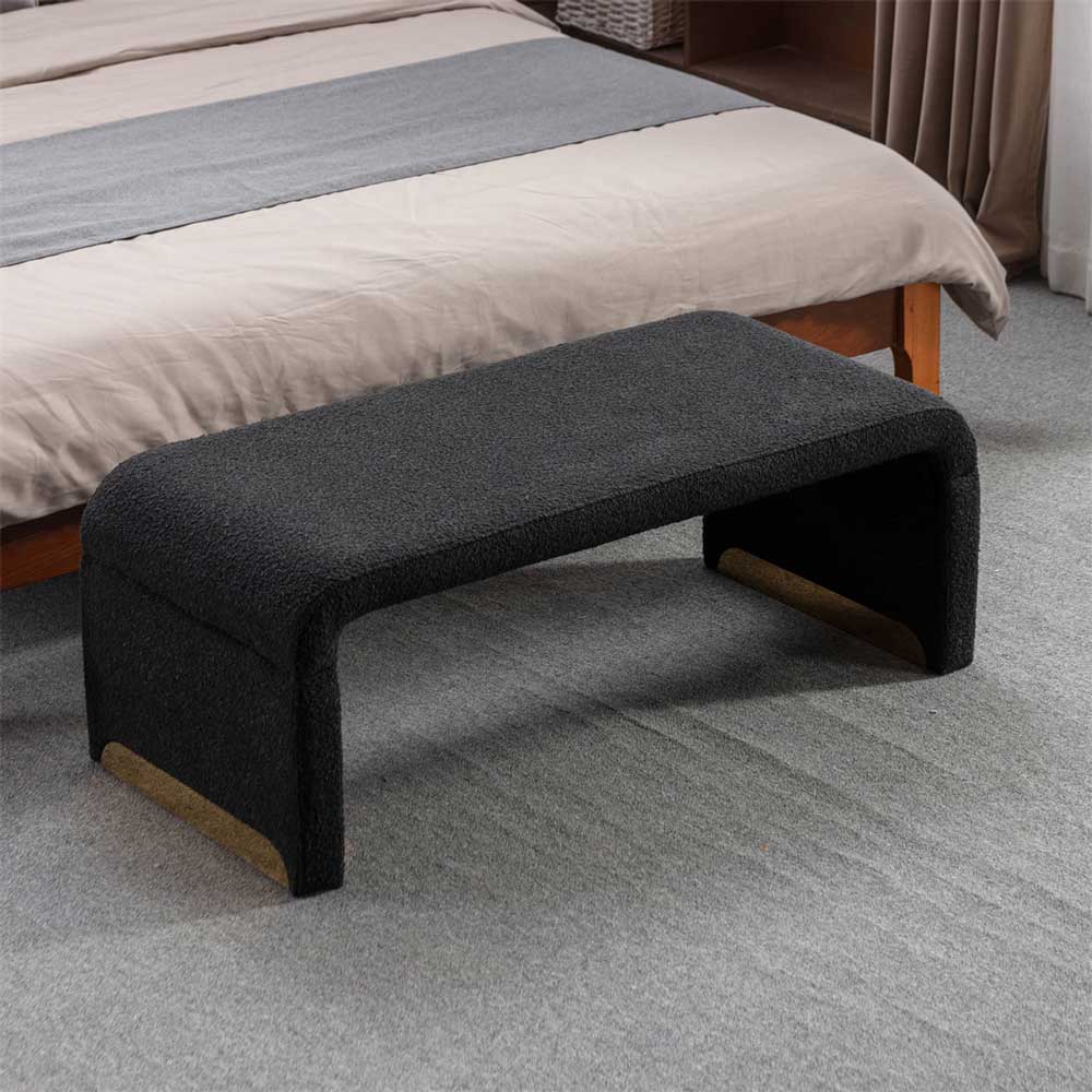 Boucle Fabric Footstool Shoe Bench with Gold Metal Legs, Modern Bedroom Bench Long Sofa, Upholstered Black Boucle Bench for Living Room, Bedroom, Hallway Doorway, 