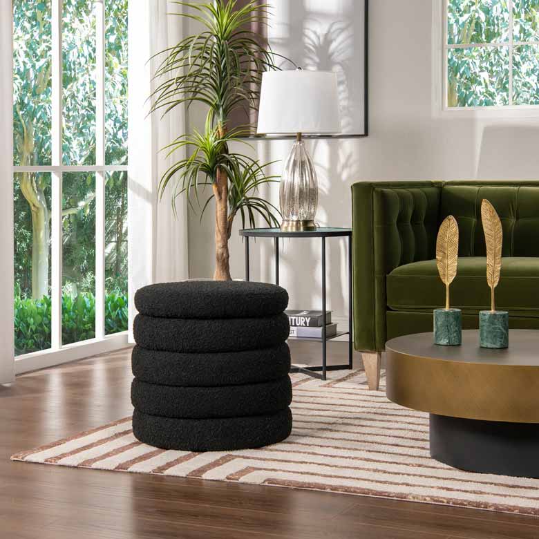 Black boucle ottoman with storage for living room or bedroom