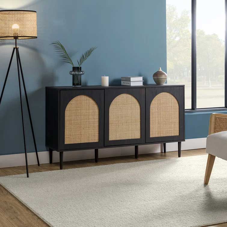 Black cane sideboard with arched doors