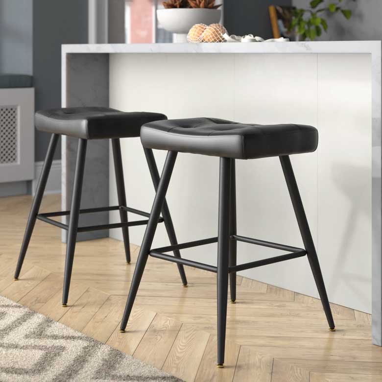 Black backless 26 inch faux leather counter stools for modern kitchen island