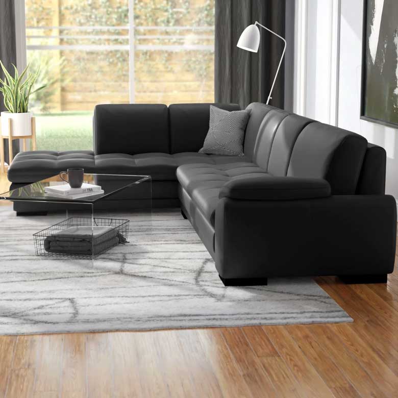 Black genuine leather sectional couch you can buy for a modern living room or home office
