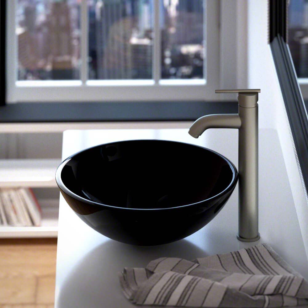 Black Glass Vessel Sink | Tempered Glass Circular Vessel Bathroom Sink