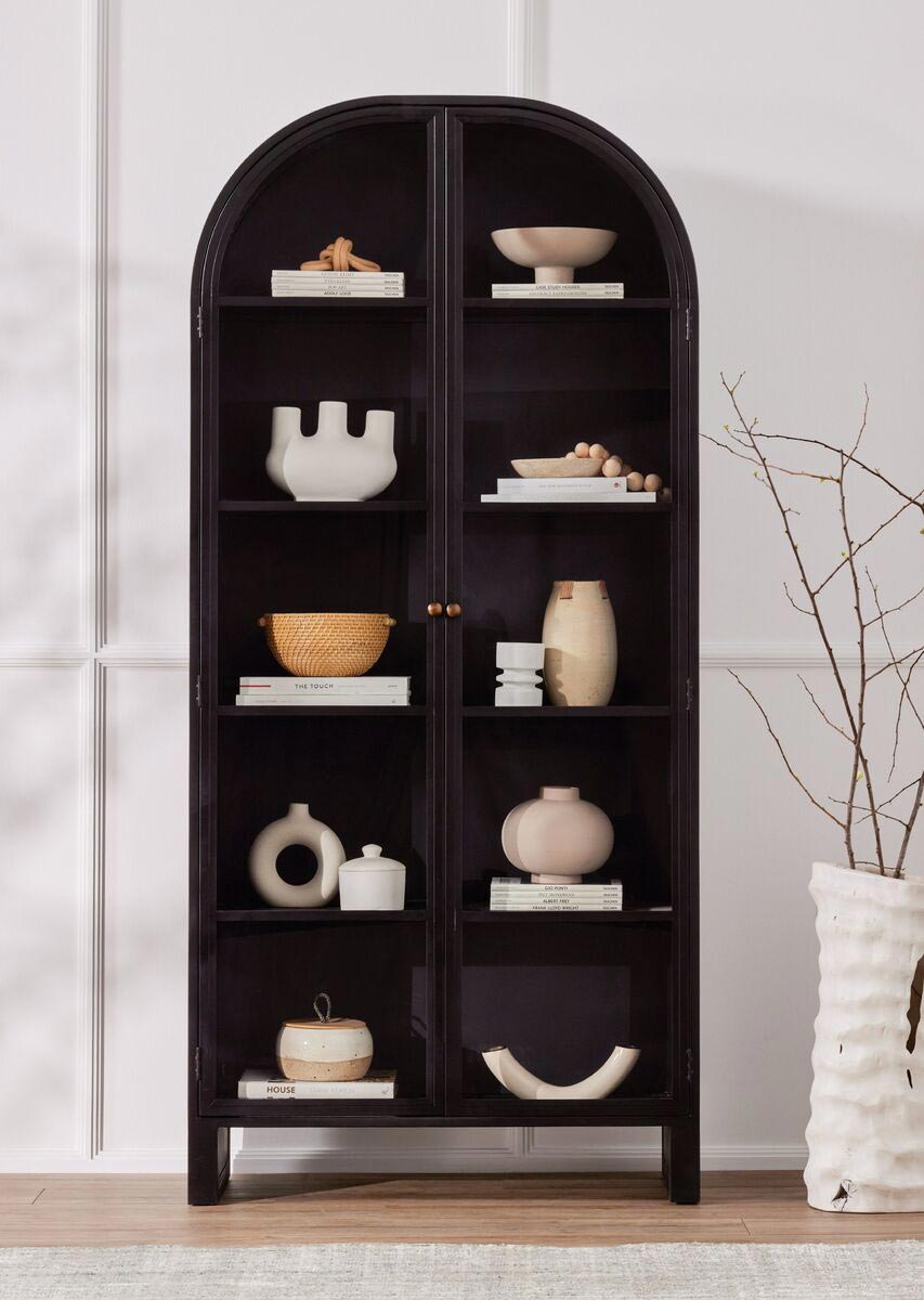 Black Iron Arched Cabinet with shelves that offer plenty of storage and display options
