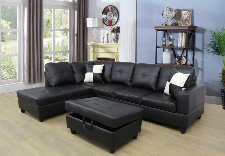 Black L-shaped faux leather sectional couch for sale
