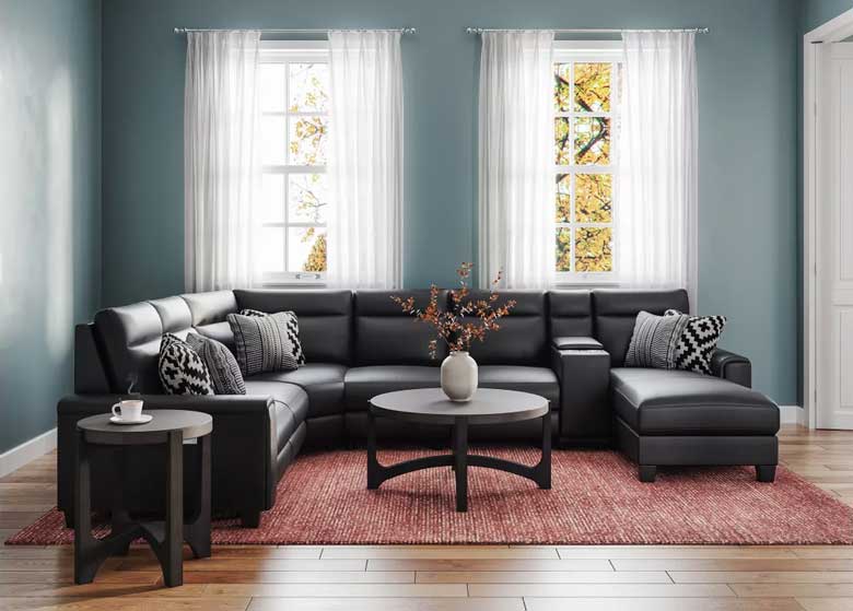 Black genuine leather 7-piece sectional couch