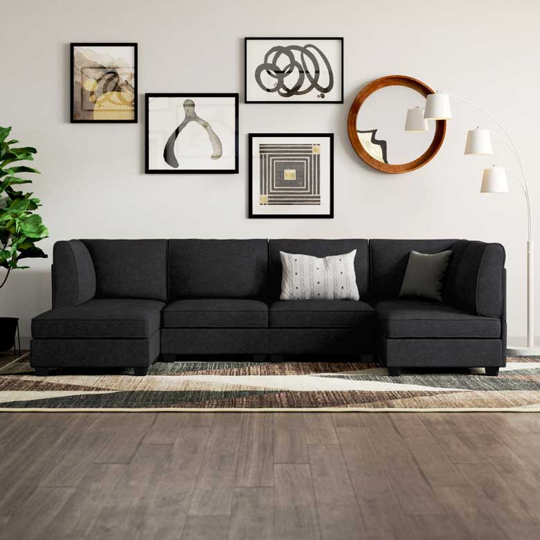 6-Piece upholstered black modular corner sectional sofa