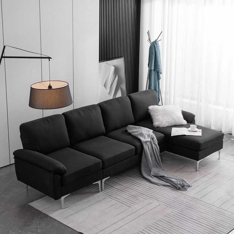 Black Reversible Sectional Couch with Chaise for Apartment Living