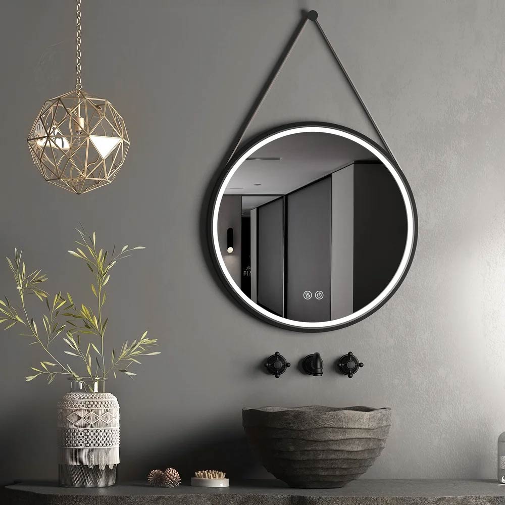 Hanging Bathroom Mirror with Black Round Frame