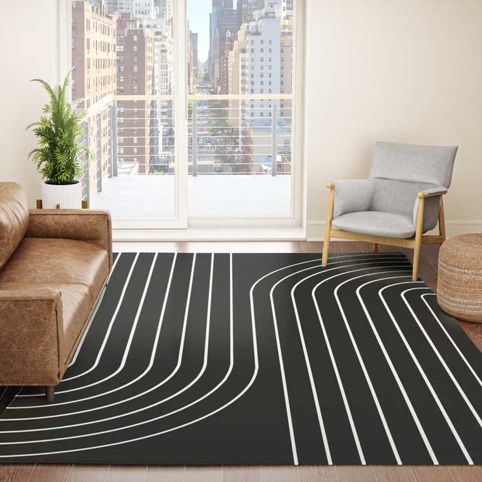 Modern minimalist black rug with white lines