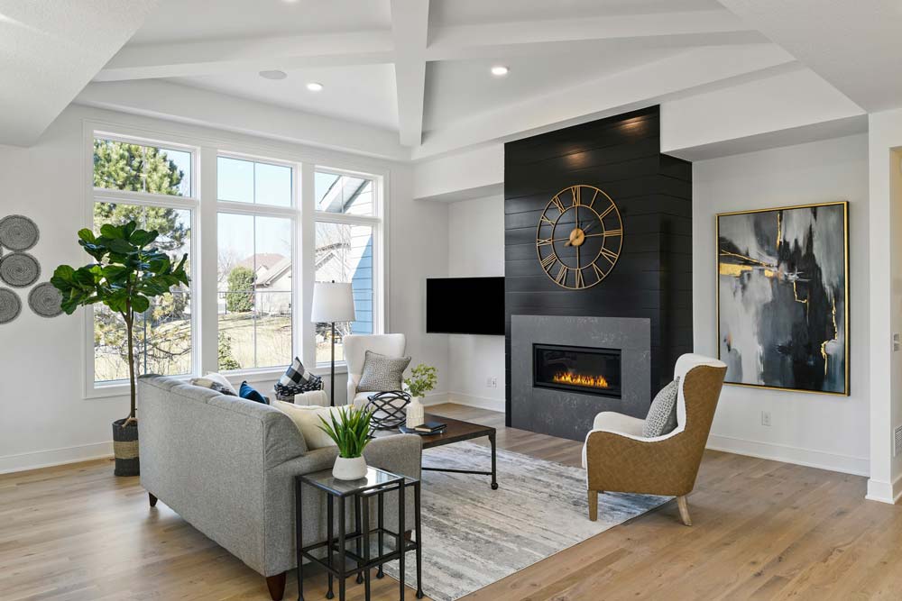 Black shiplap fireplace idea in a transitional living room | Black shiplap wall and ribbon fireplace