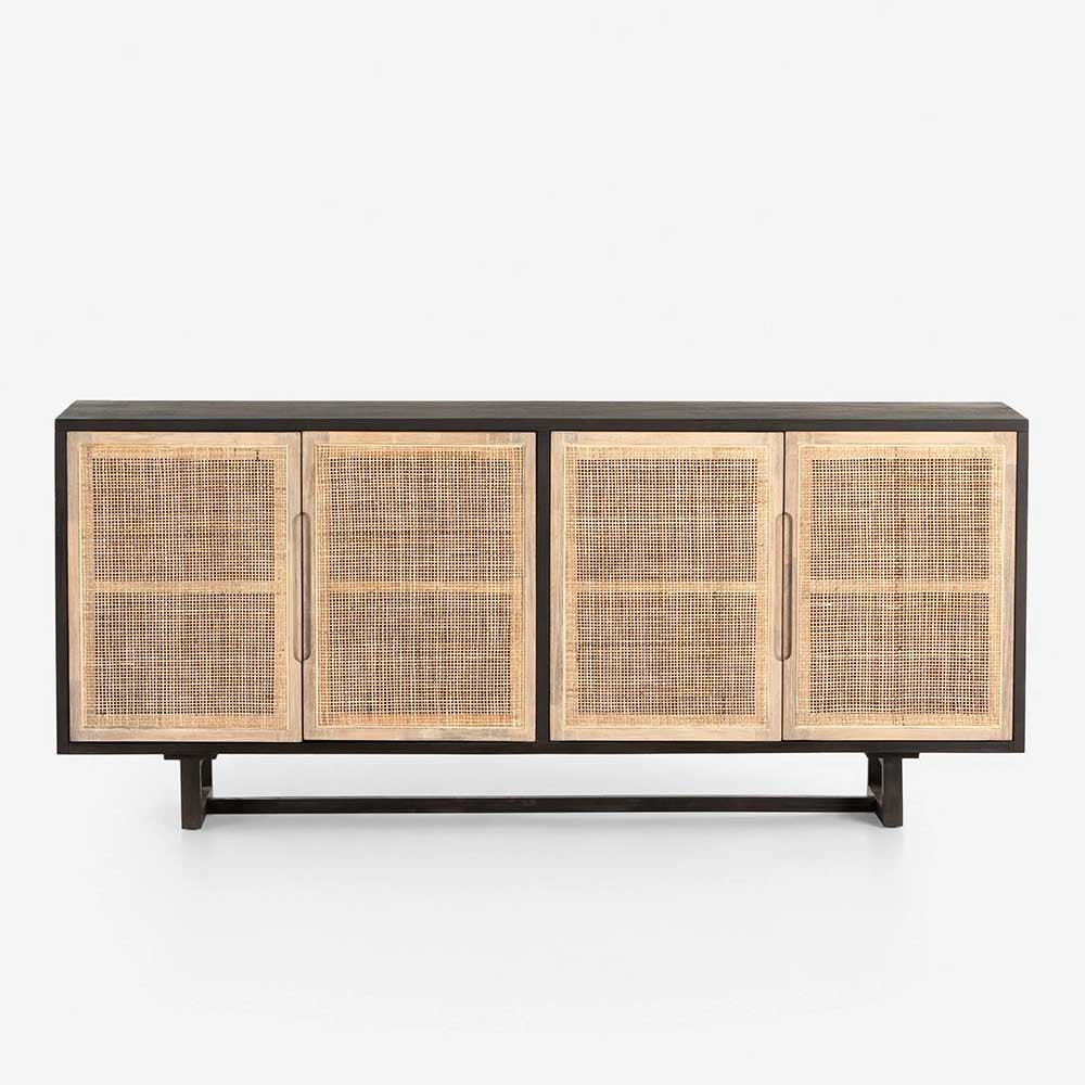 Black sideboard with woven cane door fronts and natural mango wood