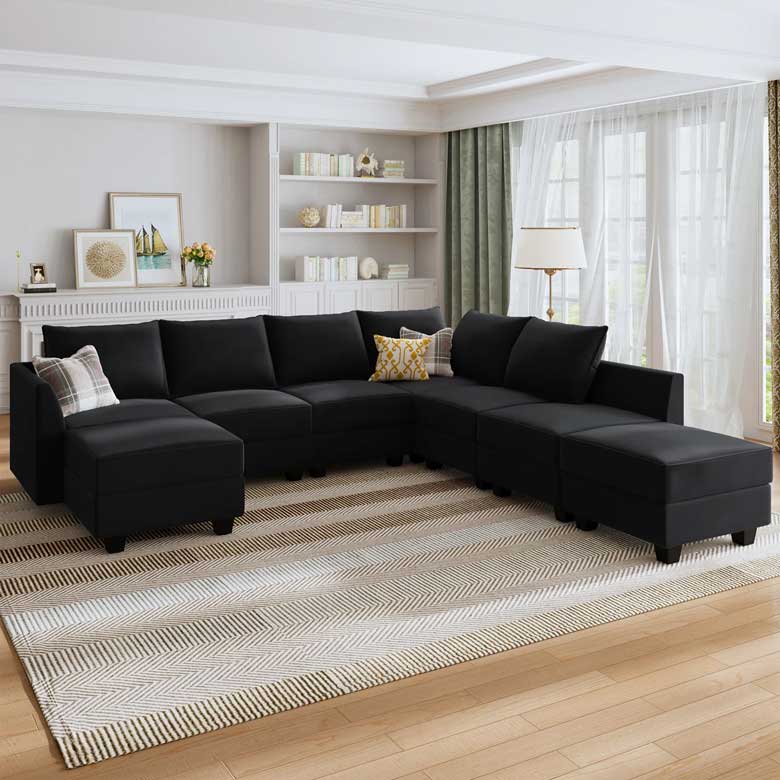 Black upholstered sectional couch with storage