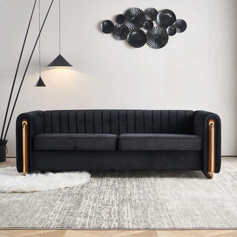 Black velvet tufted upholstered sofa
