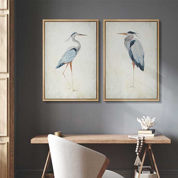 Blue Heron Bird Portrait Coastal Beach Decor - Framed Canvas Master Bedroom Wall Art Set 2 Print