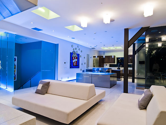 Blue light living room area with stunning views of Los Angeles California