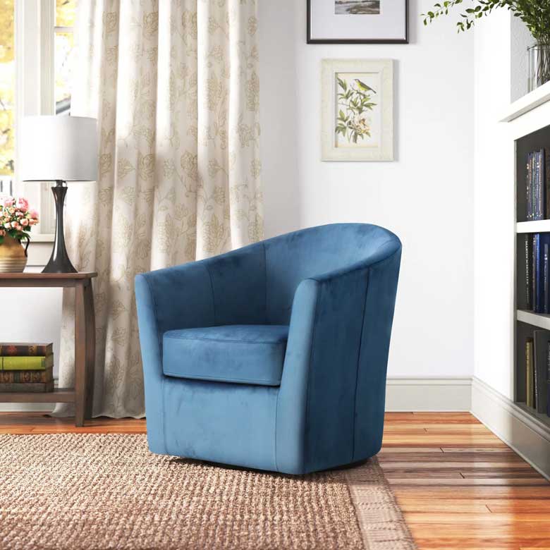 Navy Blue Upholstered Swivel Barrel Chair - this chic accent chair can be purchased online and is available in multiple fabrics and colors; perfect for a stylish living room or bedroom