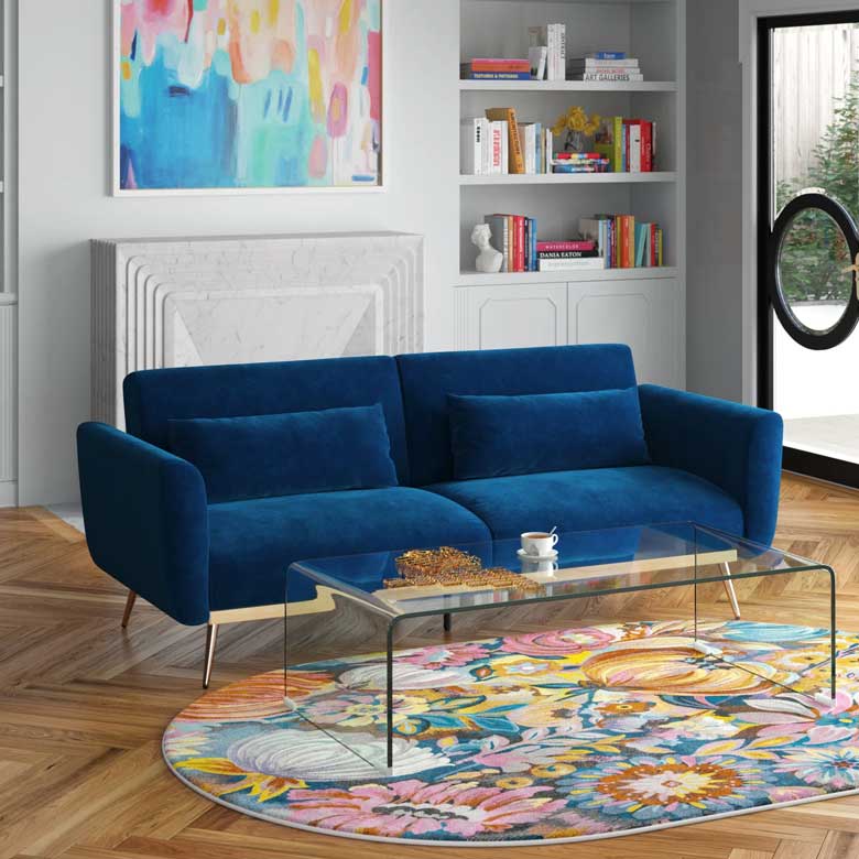 Blue velvet sleeper sofa, perfect for apartments