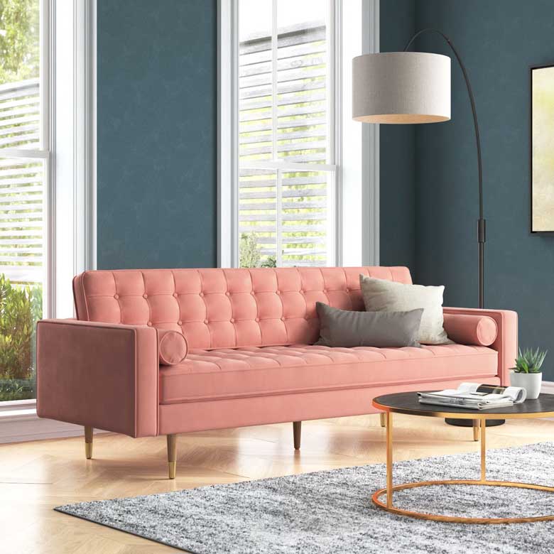 Blush pink velvet sofa for sale - add a pop of color to your living room
