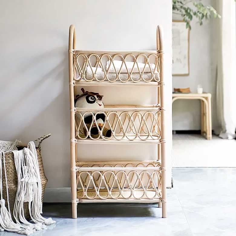 Boho Rattan Bookshelf - 3-Tier Open Storage Display Shelving