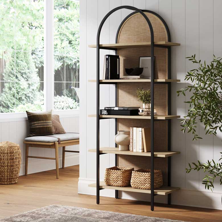 Boho Rattan Bookcase with Wood Shelves and Black Frame