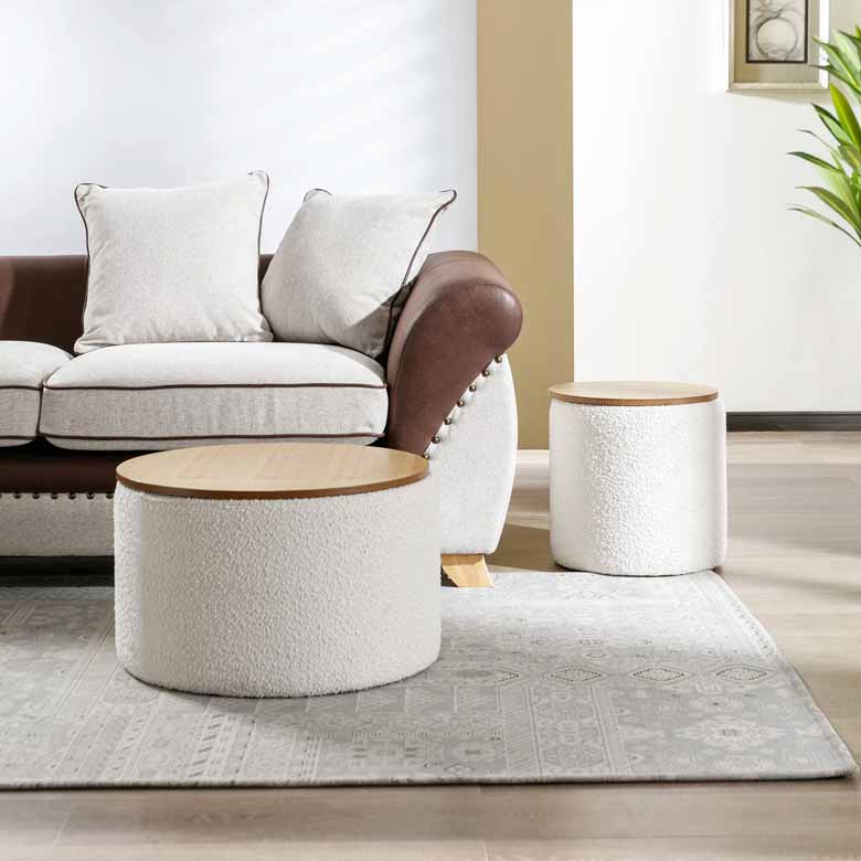 White Boucle Ottoman with Removable Wooden Lid 