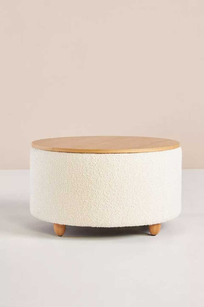 Boucle ottoman with wooden top and legs - perfect for the living room as a side table