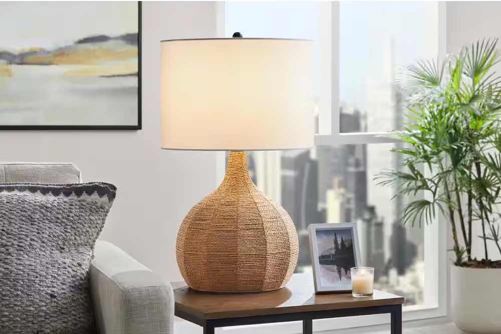 Brown and white rattan table lamp