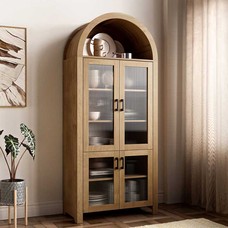Brown arch display cabinet - this curio cabinet made from high-quality MDF and tempered glass, features two spacious storage cabinets, providing ample room for daily essentials while maintaining a clean and organized look.