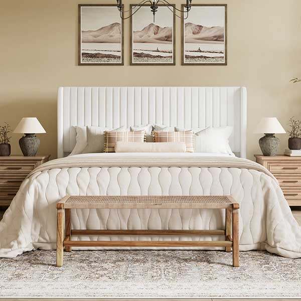 Candler Velvet Upholstered Platform Bed with Wingback Headboard and Wooden Slats