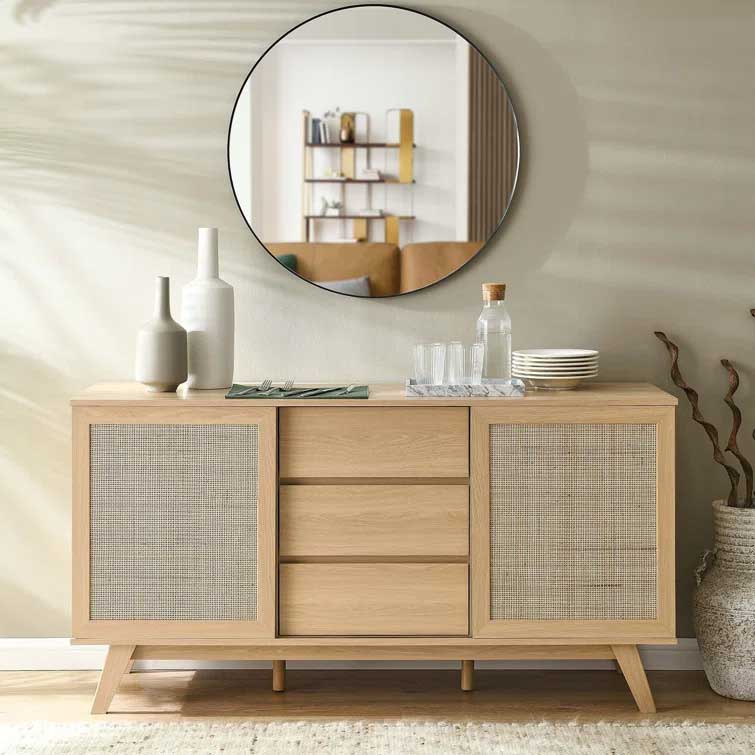 Sideboard with cane / rattan doors and three drawers