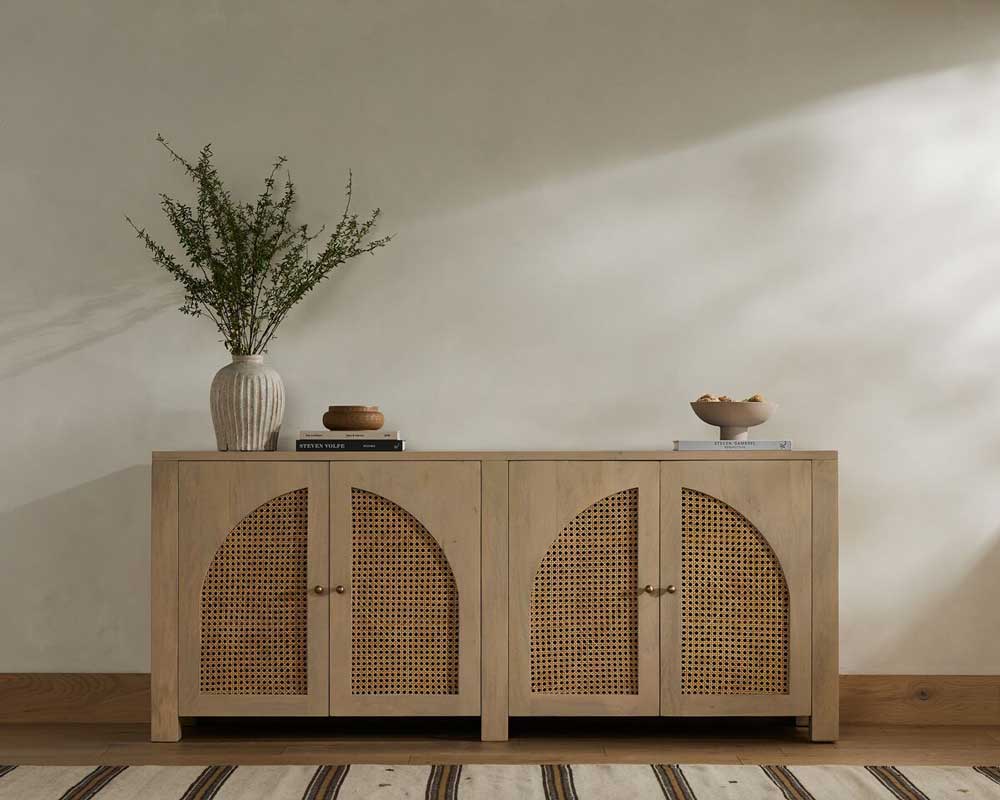 Rattan sideboard with arched doors, perfect for the entryway