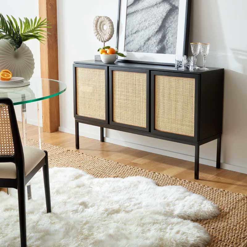 Modern black rattan sideboard - with natural cane woven doors, perfect for living room, dining room, entryway