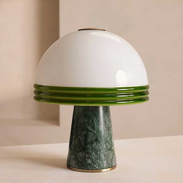 Cassie Table Lamp - gglass shade with a solid, tapered base made from green marble