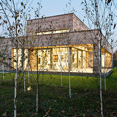 Cedar House in Poland, view from outdoor garden with trees